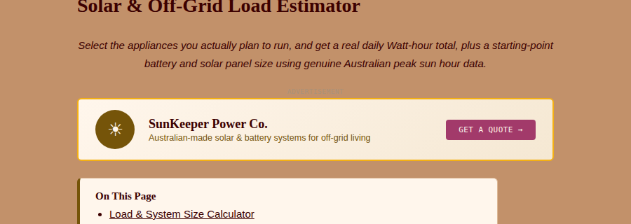 Example banner mockup shown in context on the Solar Load Estimator tool page