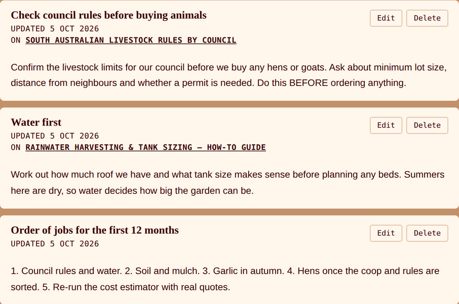 My Notebook showing three notes: check council rules before buying animals, water first, and order of jobs for the first twelve months.