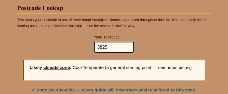 Find My Climate Zone tool showing postcode 3825 returning a Cool Temperate result
